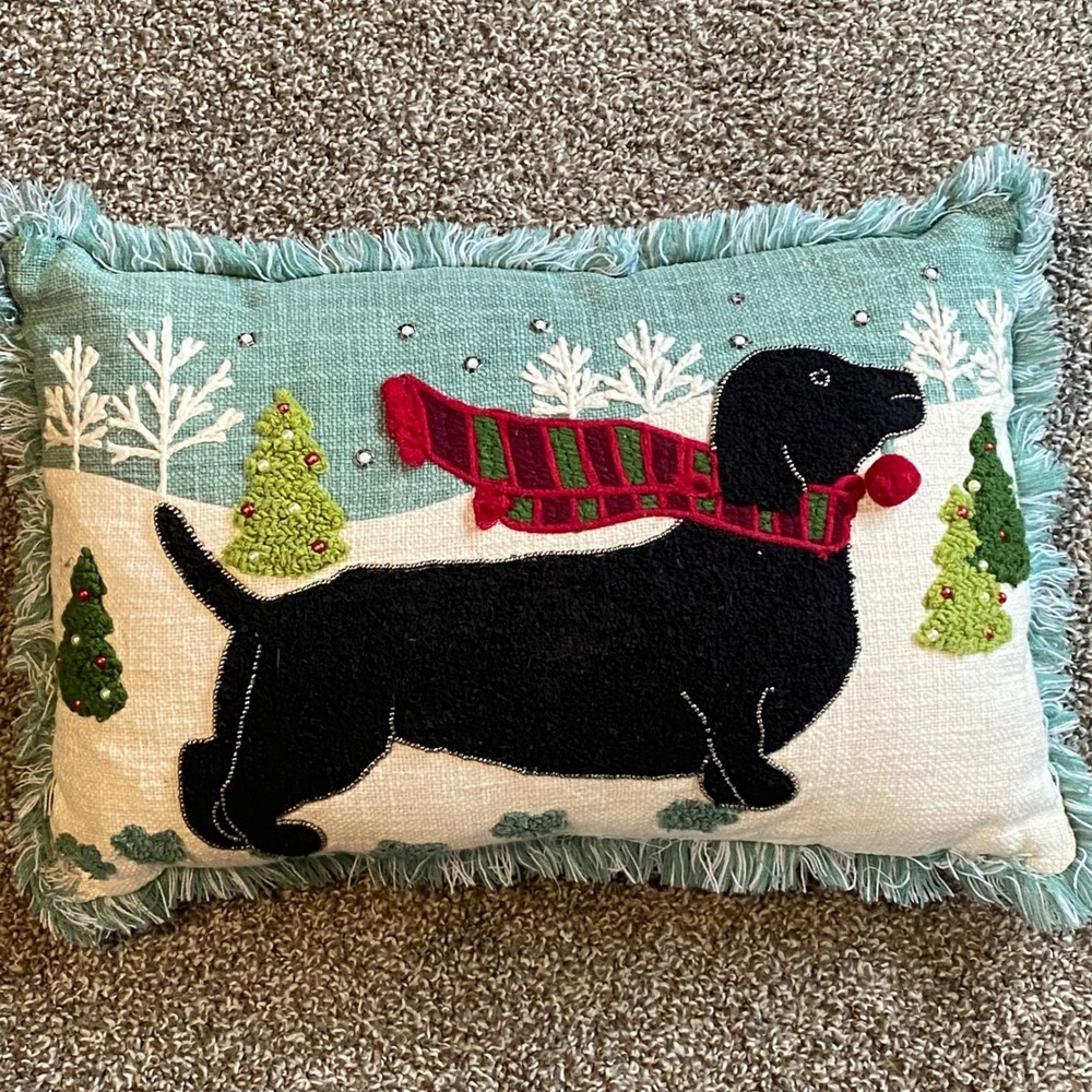 Christmas Dachshund Lumbar Pillow Embroidered Beaded Dog Winter Fringe
